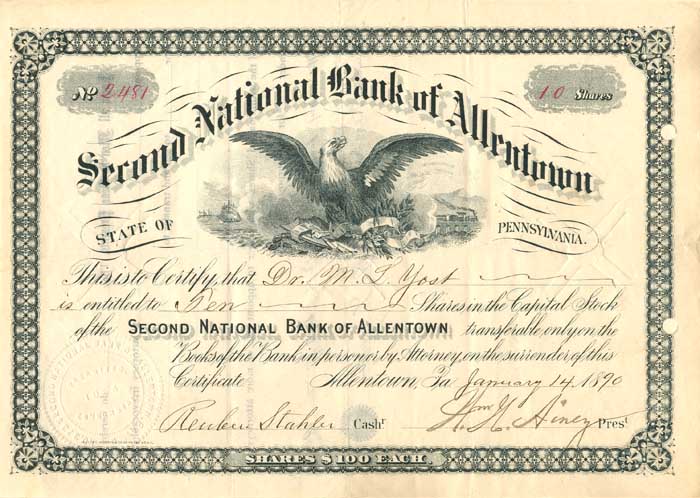 Second National Bank of Allentown - Stock Certificate